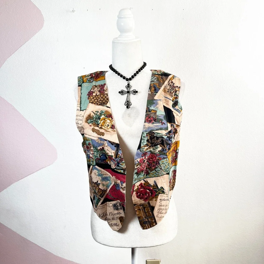 Vintage Postcard Vest Sz‎ Small Reversable Retro 90s Grandma Core